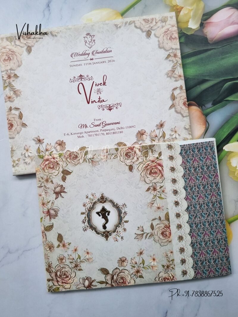 Semi Box Flower Hindu Muslim Christian Jain Sikh Greyish Green Colored wedding invitation Cards NA-1125-78