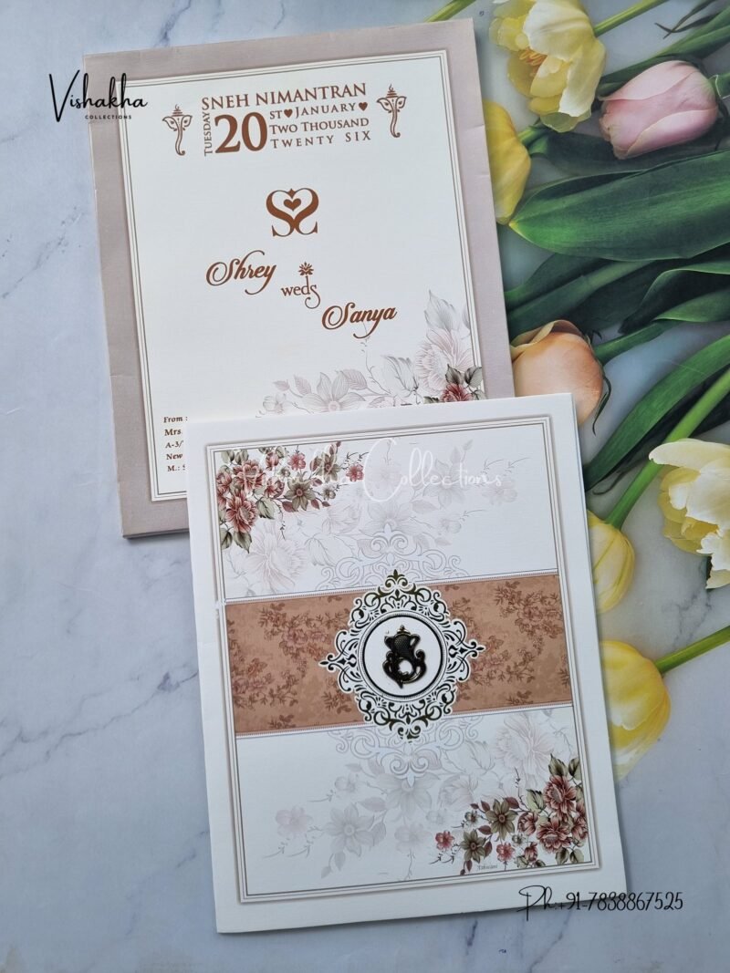 Semi Box Flower Hindu Muslim Christian Jain Sikh Light Brown Colored wedding invitation Cards NA-1125-148