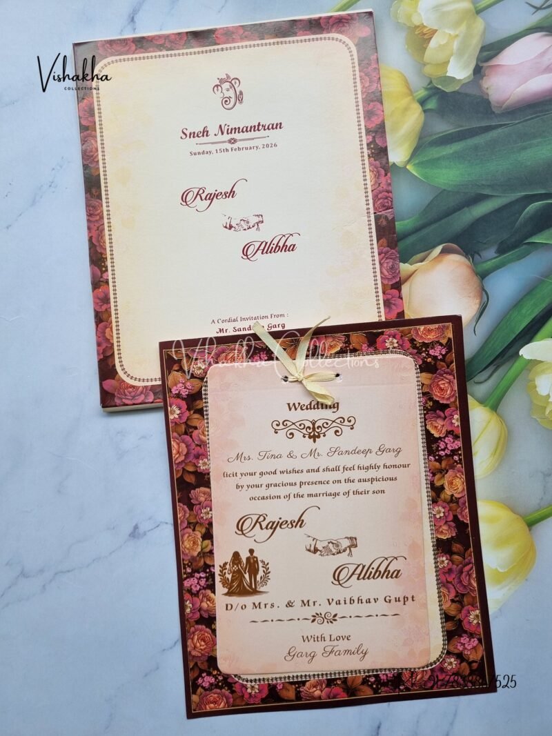 Semi Box Flower Hindu Muslim Christian Jain Sikh Light Yellow Brown Colored wedding invitation Cards NA-1125-53