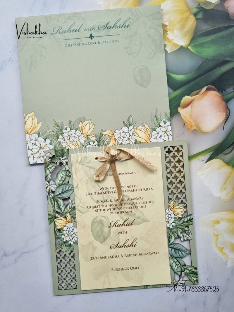Semi Box Flower Hindu Muslim Christian Sikh MDF Board Laser Cut pista green Colored invitation Cards SK-3126