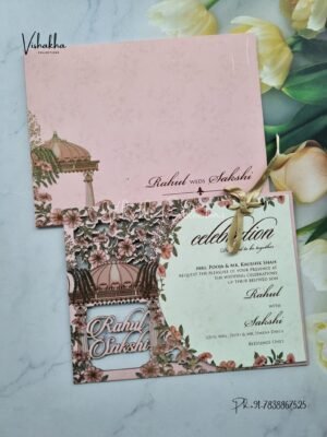 Semi Box Flower Hindu Muslim Christian Sikh Named MDF Laser Cut Pink Colored invitation Cards SK-3474