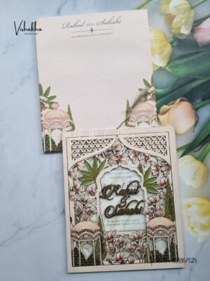 Semi Box Flower Hindu Muslim Christian Sikh Named MDF Laser Cut Vellum Paper light pink Colored invitation Cards SK-3471