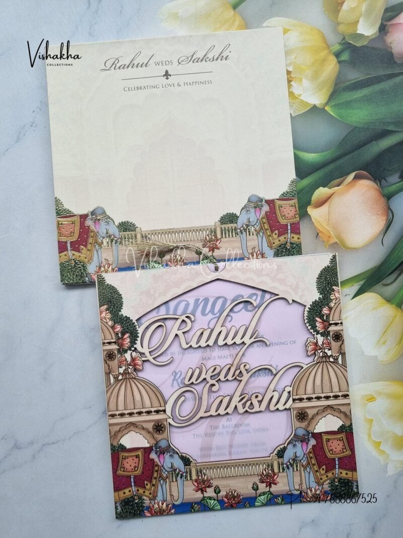 Semi Box Flower Hindu Muslim Christian Sikh Named MDF Laser Cut Vellum Paper light yellow Colored invitation Cards SK-3480