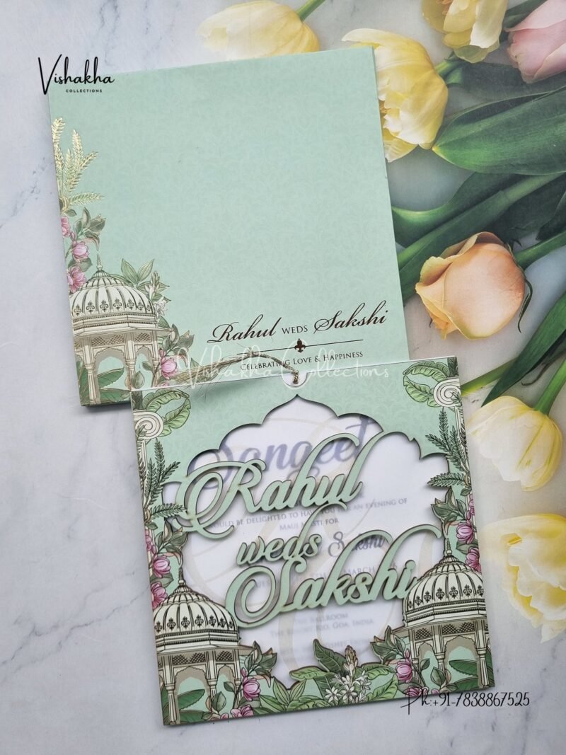Semi Box Flower Hindu Muslim Christian Sikh Named MDF Laser Cut Vellum Paper pista green Colored invitation Cards SK-3479