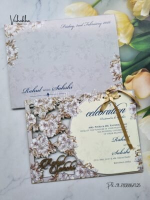 Semi Box Flower Hindu Muslim Christian Sikh Named MDF Laser Cut grey Colored invitation Cards SK-3366