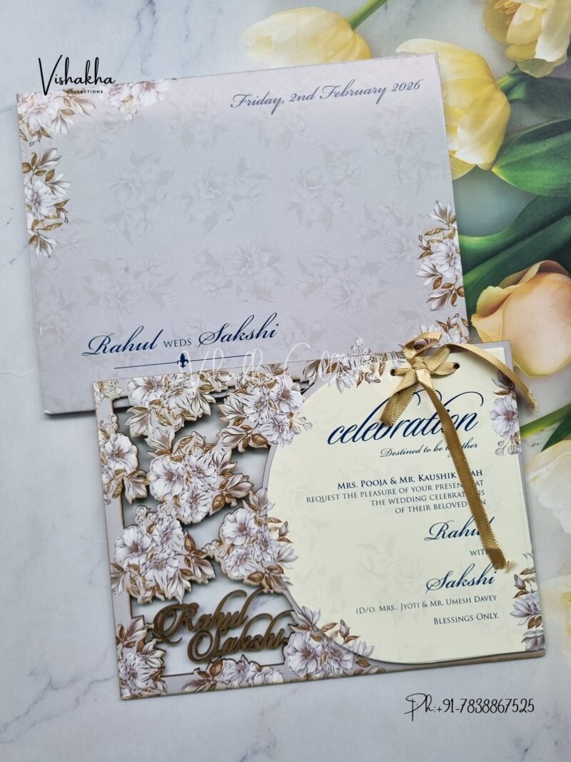 Semi Box Flower Hindu Muslim Christian Sikh Named MDF Laser Cut grey Colored invitation Cards SK-3366