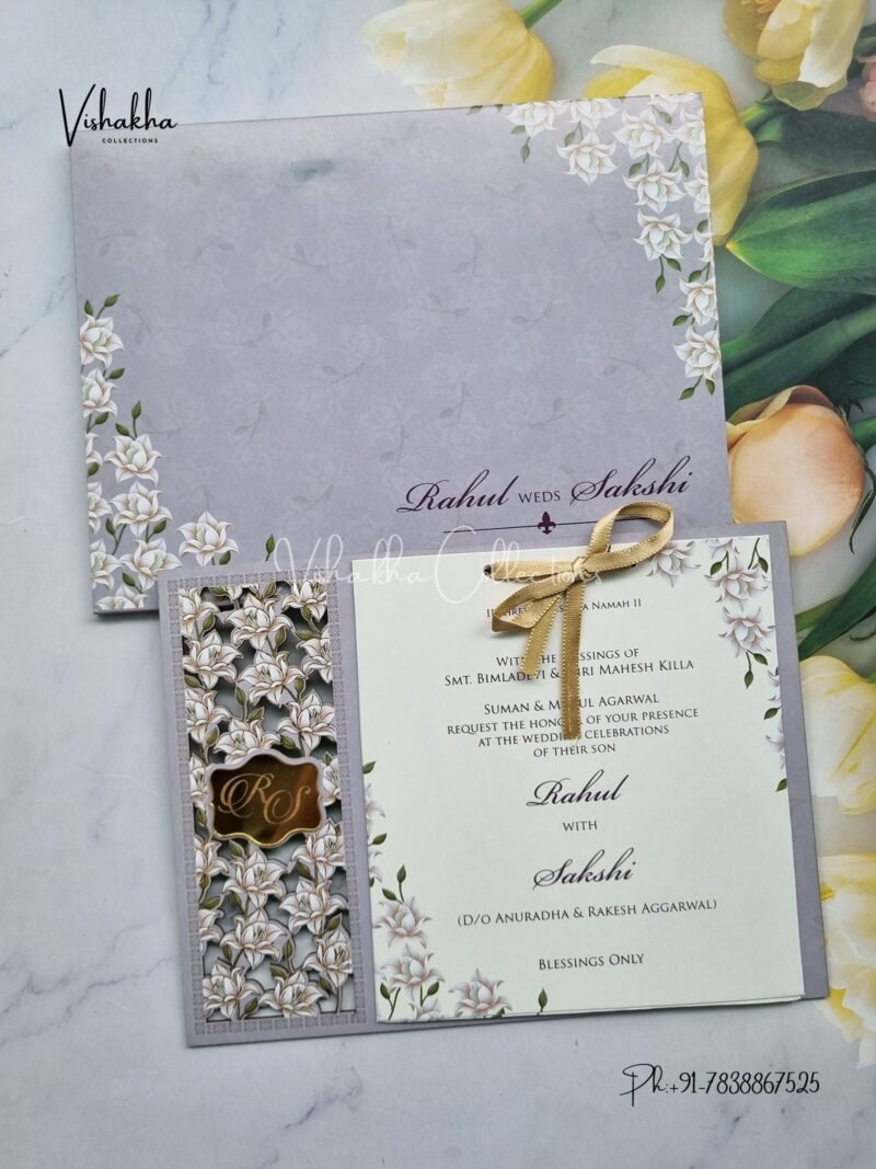 Semi Box Flower Hindu Muslim Christian Sikh Named MDF Laser Cut grey Colored invitation Cards SK-3482