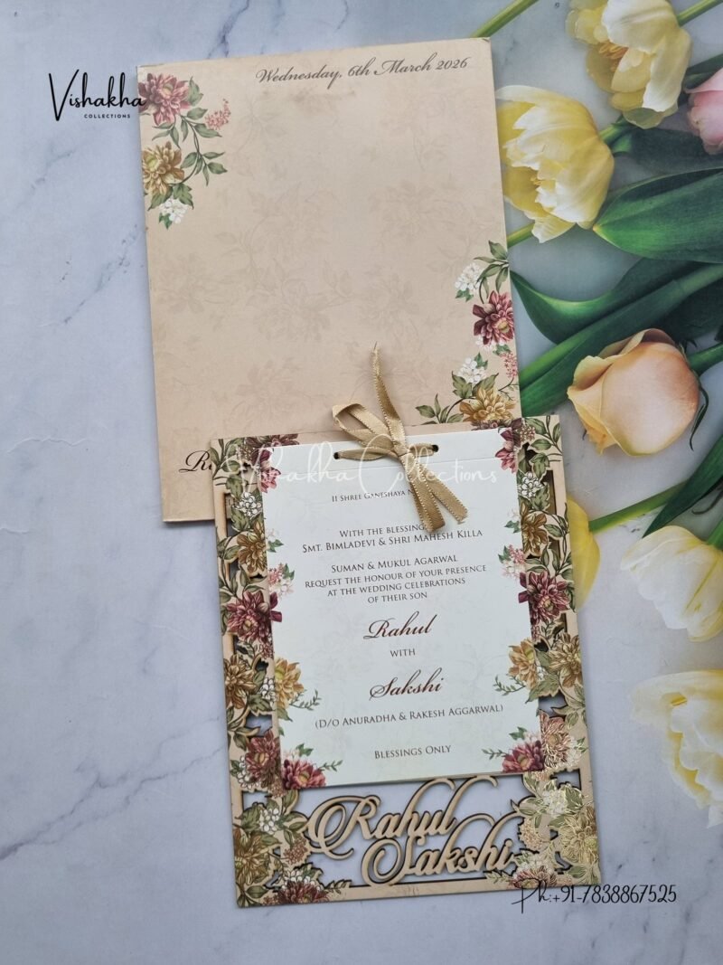 Semi Box Flower Hindu Muslim Christian Sikh Named MDF Laser Cut muddy brown Colored invitation Cards SK-3288