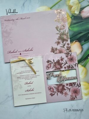 Semi Box Flower Hindu Muslim Christian Sikh Named MDF Laser Cut purple Colored invitation Cards SK-3362