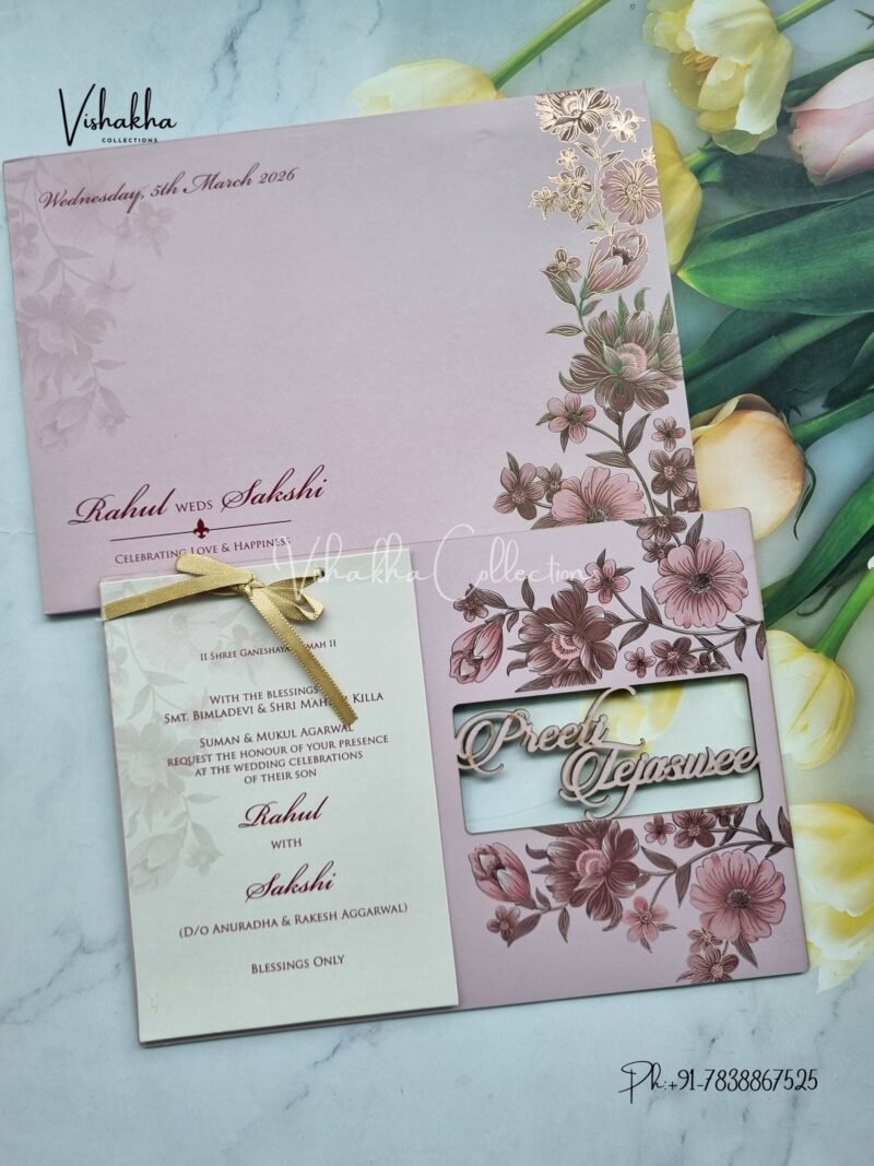 Semi Box Flower Hindu Muslim Christian Sikh Named MDF Laser Cut purple Colored invitation Cards SK-3362