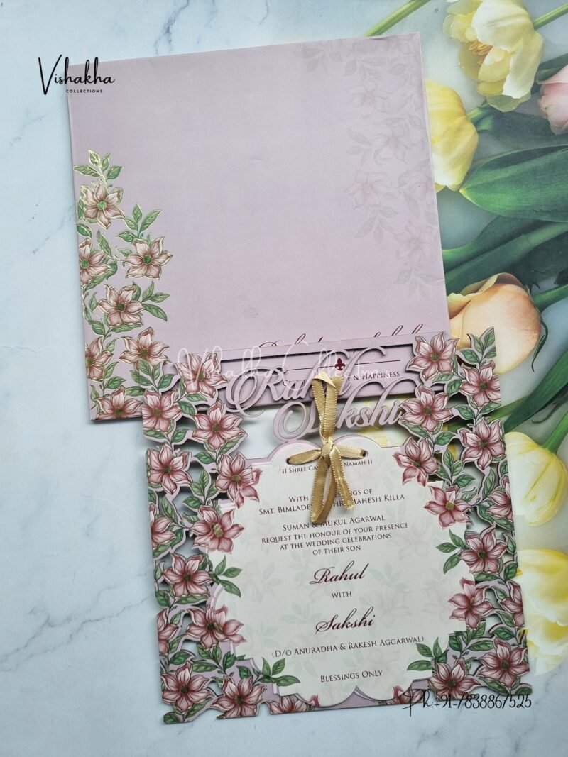 Semi Box Flower Hindu Muslim Christian Sikh Named MDF Laser Cut purple Colored invitation Cards SK-3481