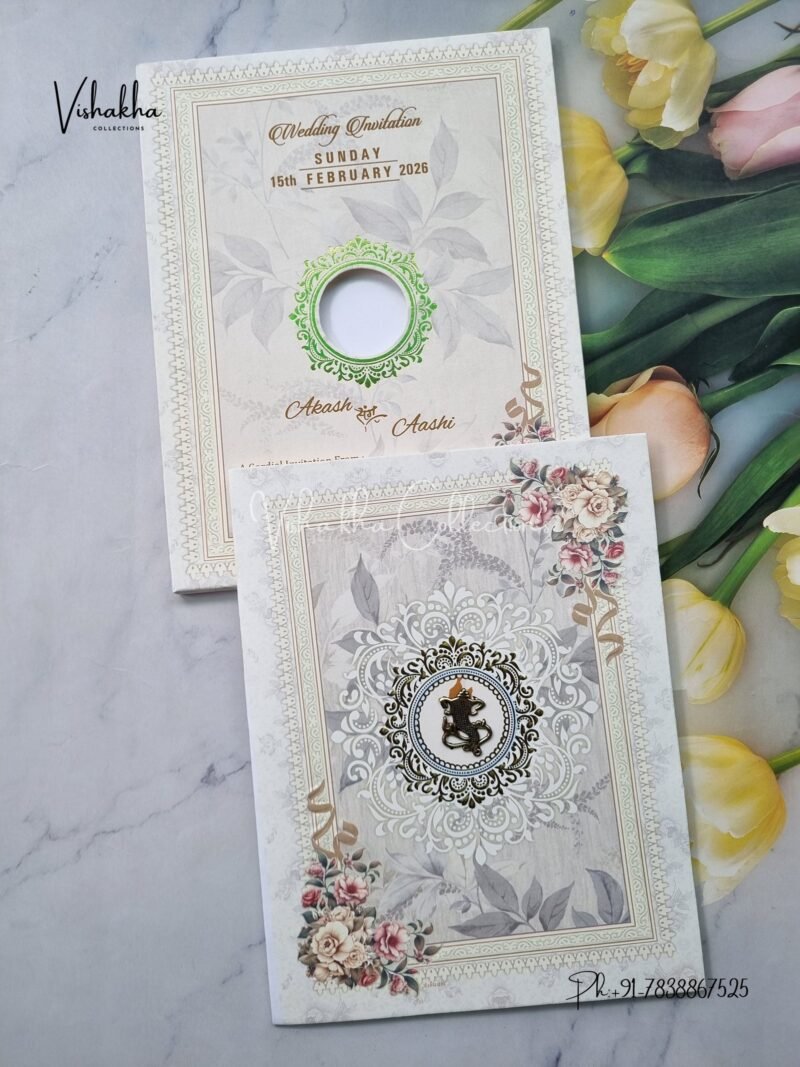 Semi Box Flower Hindu Muslim Christian Jain Sikh Pale Yellow Colored wedding invitation Cards NA-1125-141