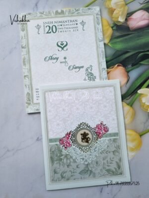 Semi Box Flower Hindu Muslim Christian Jain Sikh Pastel Green Colored wedding invitation Cards NA-1125-147