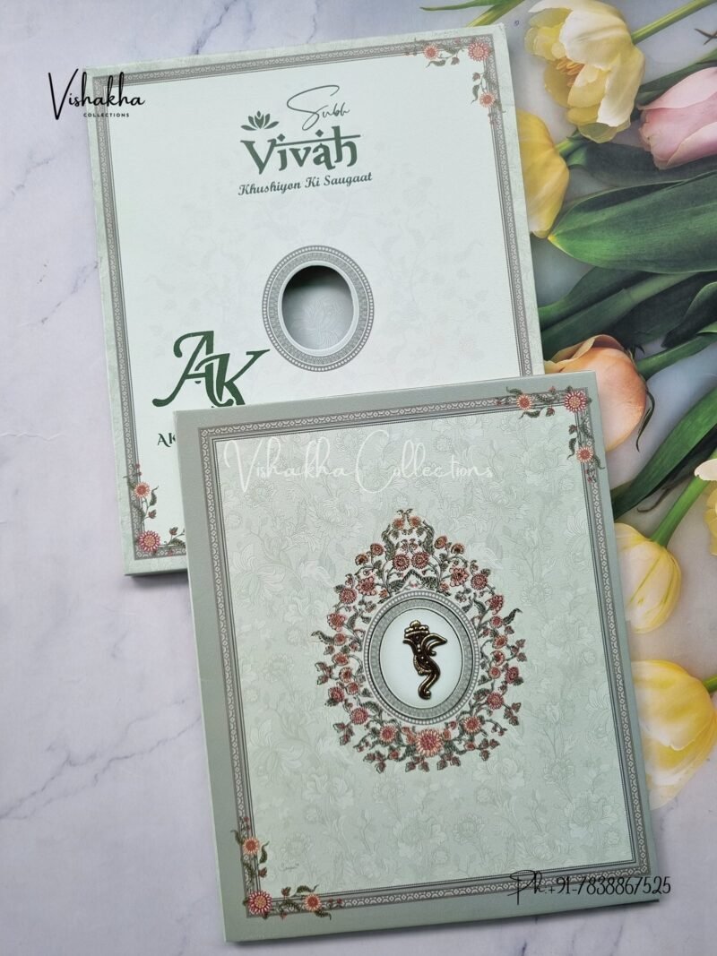 Semi Box Flower Hindu Muslim Christian Jain Sikh Pastel Green Colored wedding invitation Cards NA-1125-81