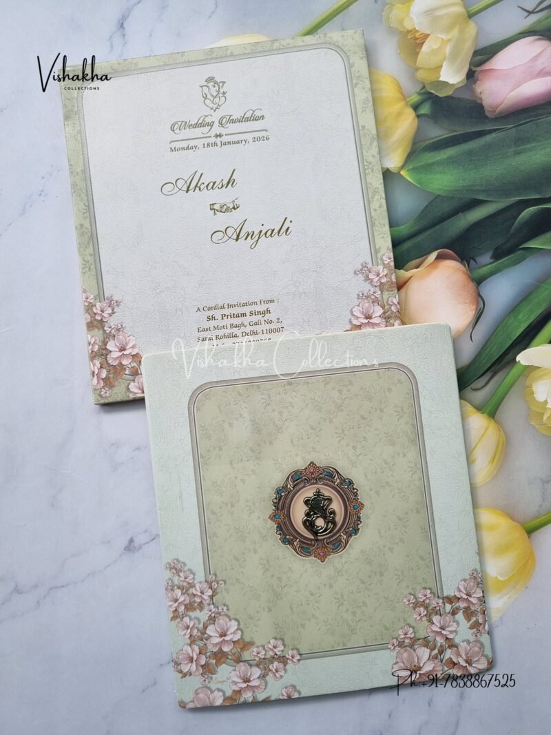 Semi Box Flower Hindu Muslim Christian Jain Sikh Pastel Green Colored wedding invitation Cards NA-1125-84