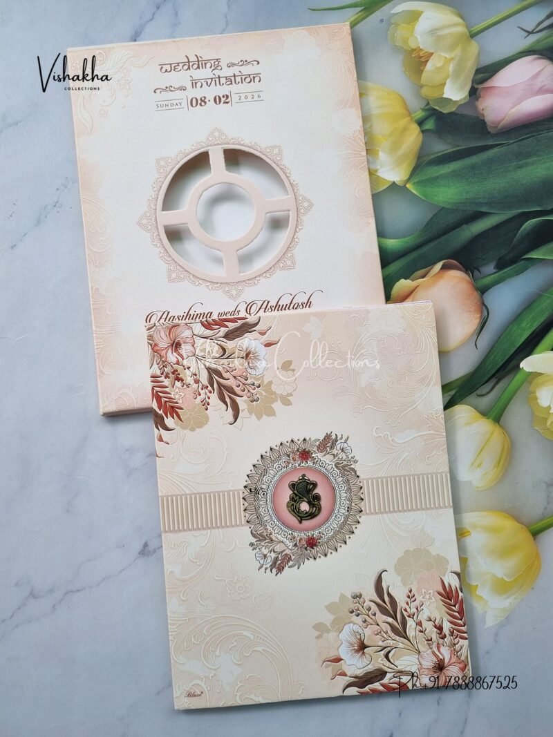 Semi Box Flower Hindu Muslim Christian Jain Sikh Peach Colored wedding invitation Cards NA-1125-39