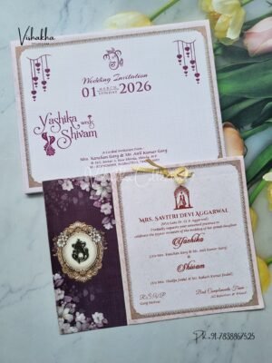 Semi Box Flower Hindu Muslim Christian Jain Sikh Purple Colored wedding invitation Cards NA-1125-79