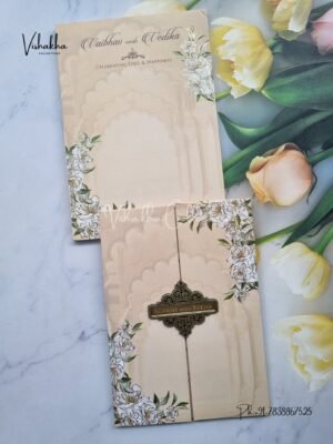 Semi Box Flower Hindu Muslim Christian Sikh biege Colored invitation Cards SK-3373