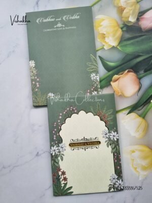 Semi Box Flower Hindu Muslim Christian Sikh green Colored invitation Cards SK-3513