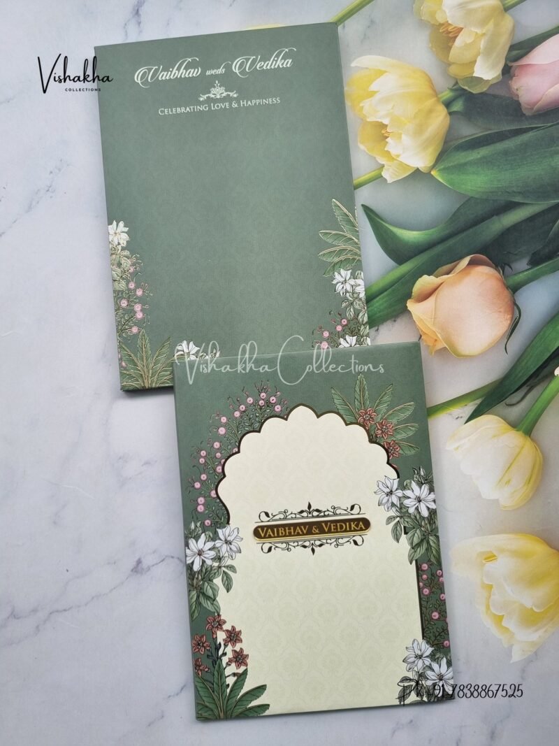 Semi Box Flower Hindu Muslim Christian Sikh green Colored invitation Cards SK-3513