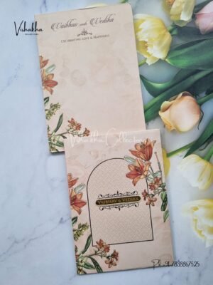Semi Box Flower Hindu Muslim Christian Sikh light brown Colored invitation Cards SK-3520