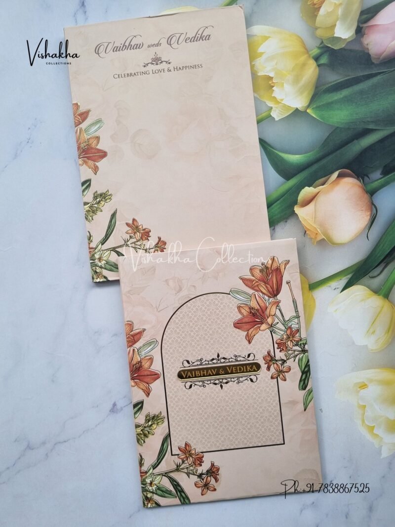 Semi Box Flower Hindu Muslim Christian Sikh light brown Colored invitation Cards SK-3520