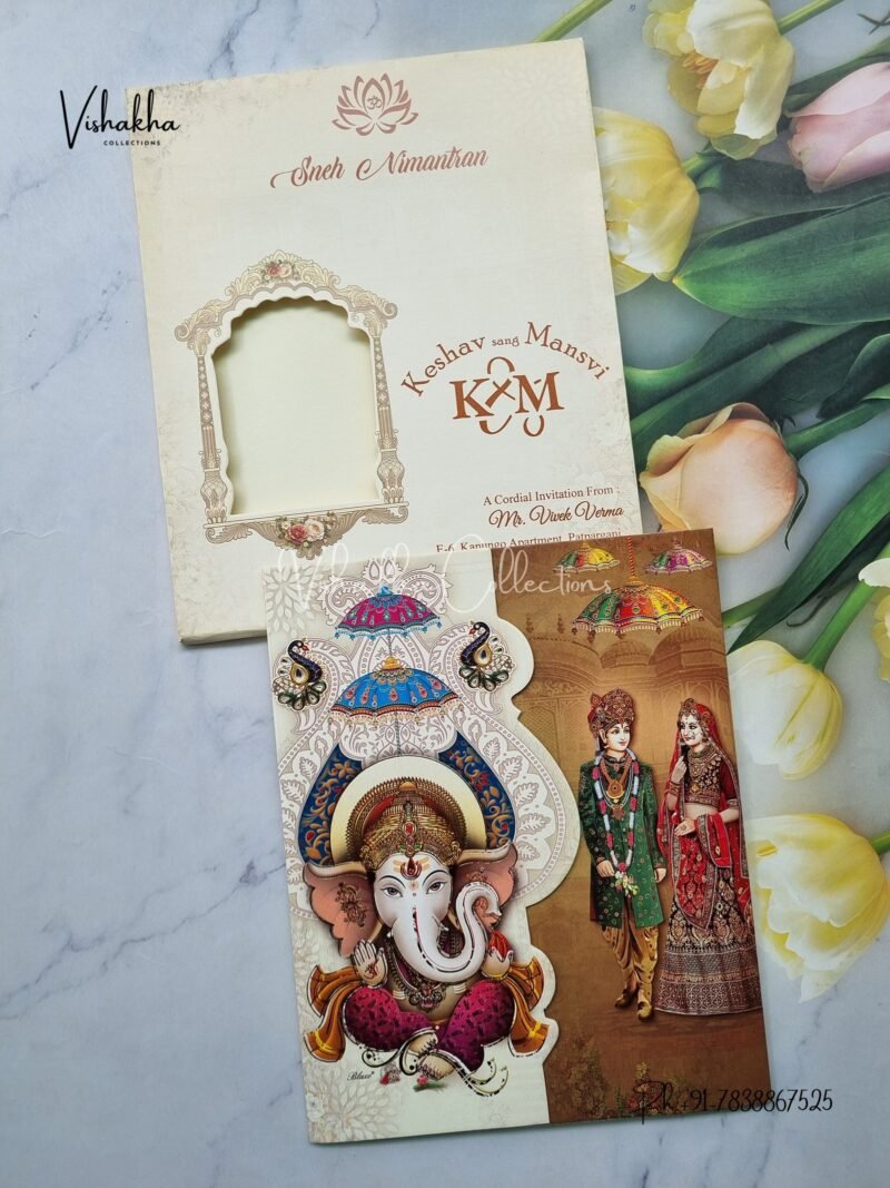 Semi Box Ganesh Ji Dulah Dulhan Double Door Hindu Cream And Mehndi Green Colored wedding invitation Cards NA-1125-45