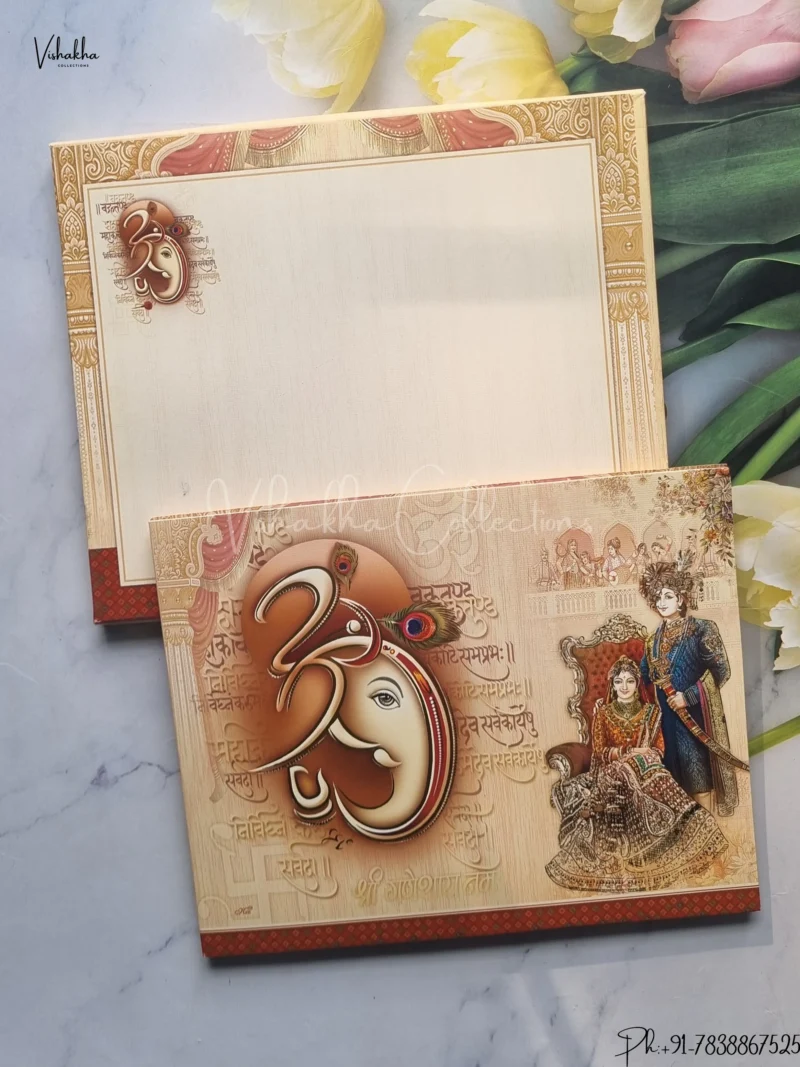 Semi Box Ganesh Ji Dulah Dulhan Hindu Light And Dark Brown Colored wedding invitation Cards GS-5011