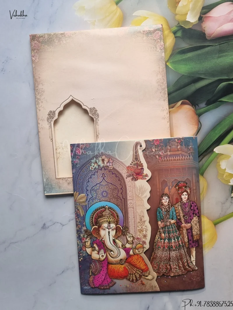 Semi Box Ganesh Ji Dulah Dulhan Hindu Multicolor Colored wedding invitation Cards GS-5036