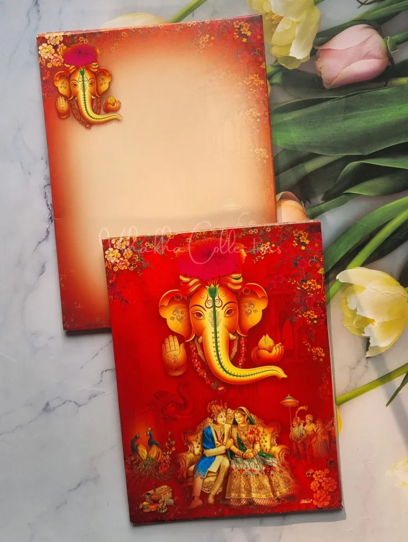 Semi Box Ganesh Ji Dulah Dulhan Hindu Red Colored wedding invitation Cards GS-4822