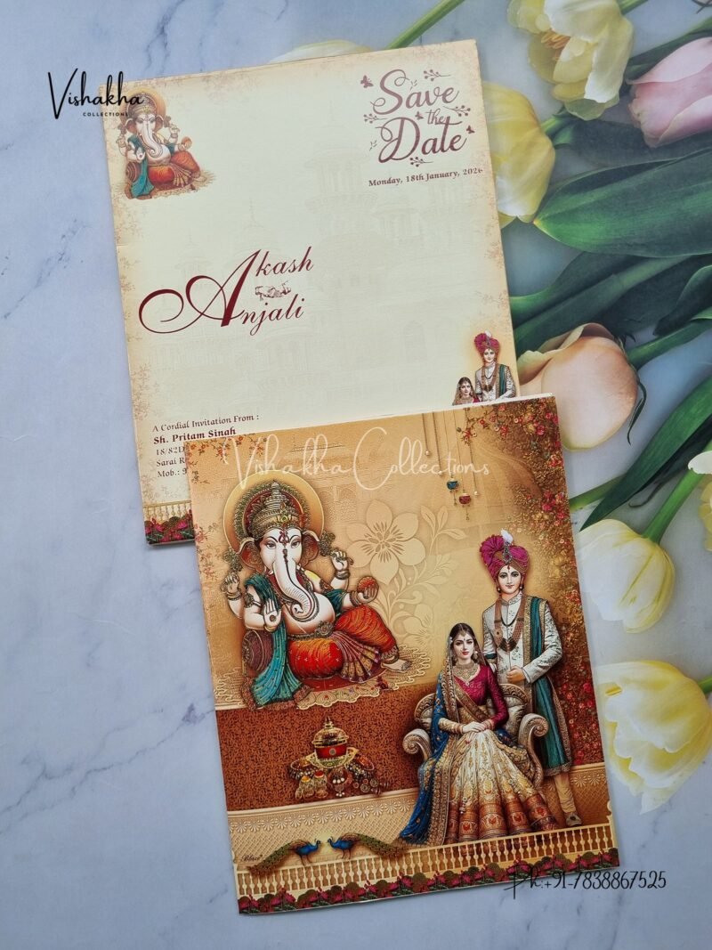 Semi Box Ganesh Ji Dulah Dulhan Hindu Yellow Colored wedding invitation Cards NA-1125-28