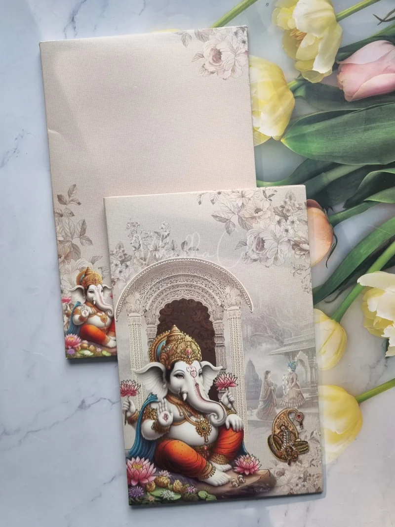 Semi Box Ganesh Ji Flower Hindu Grey Colored wedding invitation Cards GS-4842