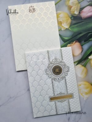 Semi Box Ganesh Ji Hindu Padded white Colored invitation Cards SK-3427