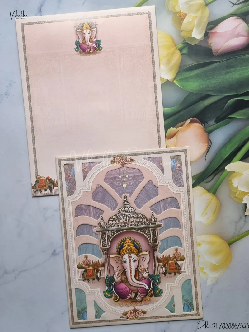 Semi Box Ganesh Ji Hindu Pastel Brown Colored wedding invitation Cards GS-5008