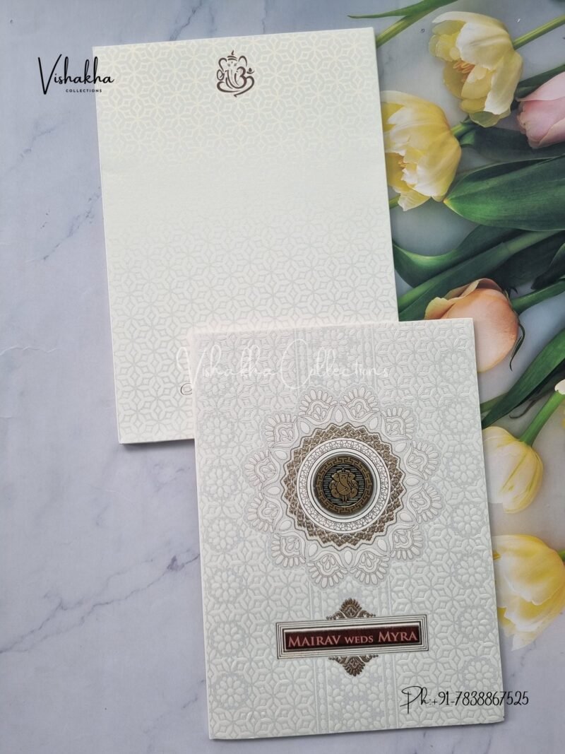Semi Box Ganesh Ji Hindu white Colored invitation Cards SK-3318