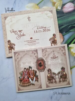 Semi Box Hathi Dulah Dulhan Double Door Hindu Light Brown Colored wedding invitation Cards NA-1125-77
