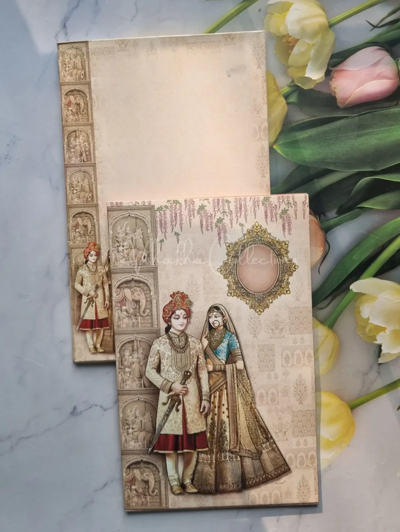 Semi Box Hathi Dulah Dulhan Hindu Peach Colored wedding invitation Cards GS-4841