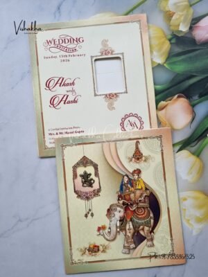 Semi Box Hathi Dulah Dulhan Hindu Yellow Colored wedding invitation Cards NA-1125-37