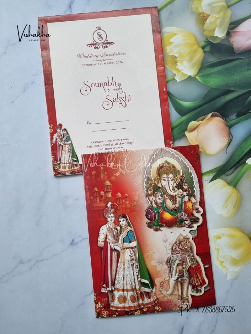 Semi Box Hathi Ganesh Ji Dulah Dulhan Hindu Red Multicolor Colored wedding invitation Cards NA-1125-68