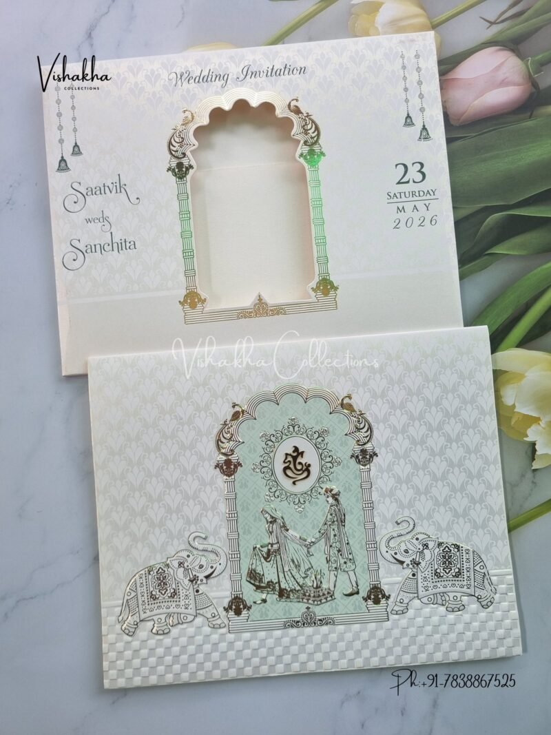 Semi Box Hathi Ganesh Ji Dulah Dulhan Hindu Sikh invitation Cards CR-701B