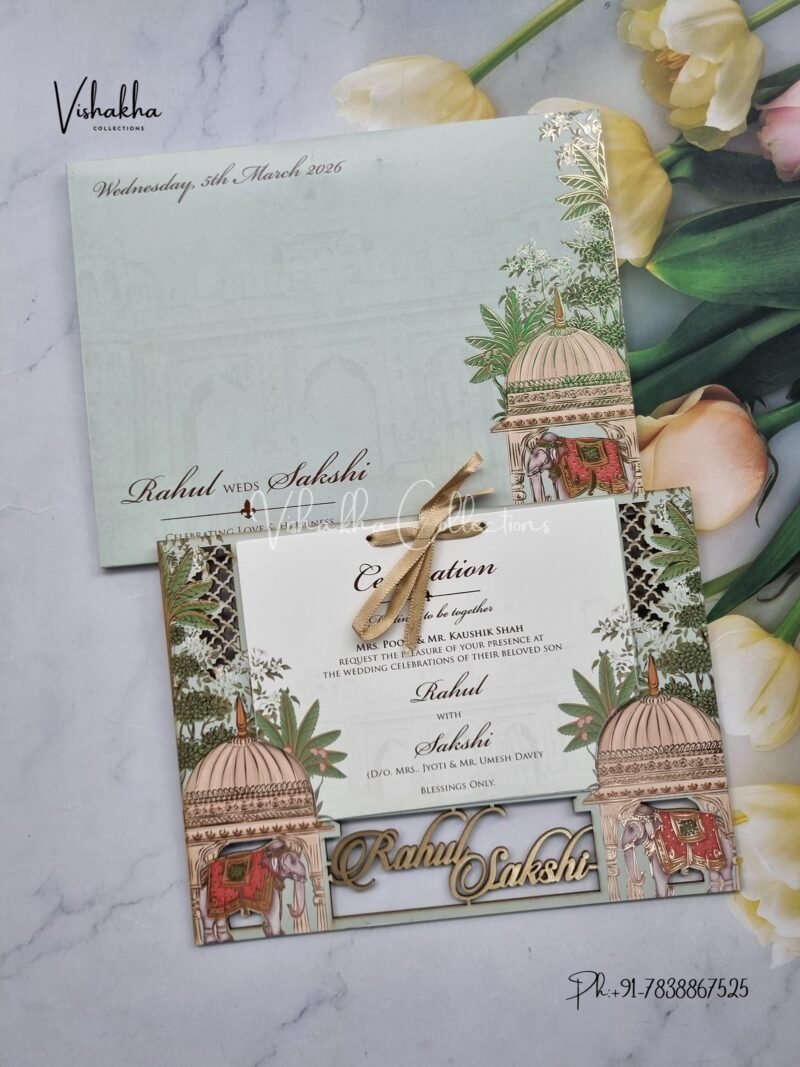 Semi Box Hathi Hindu Muslim Christian Sikh Named MDF Laser Cut light green Colored invitation Cards SK-3357