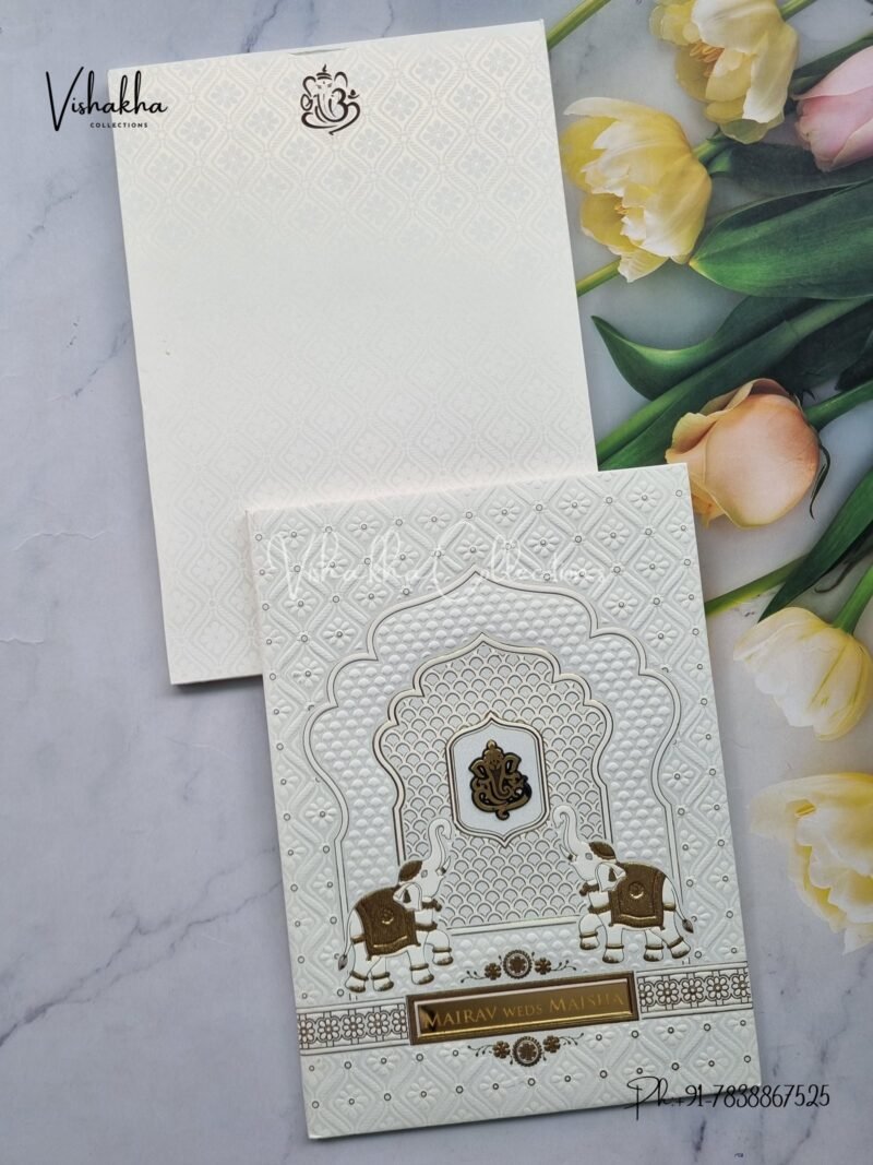 Semi Box Hathi Hindu Muslim Christian Sikh Padded white and gold Colored invitation Cards SK-3501