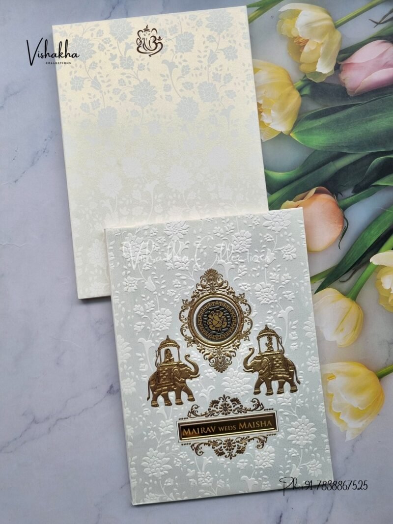 Semi Box Hathi Hindu Muslim Christian Sikh Padded white gold Colored invitation Cards SK-3503