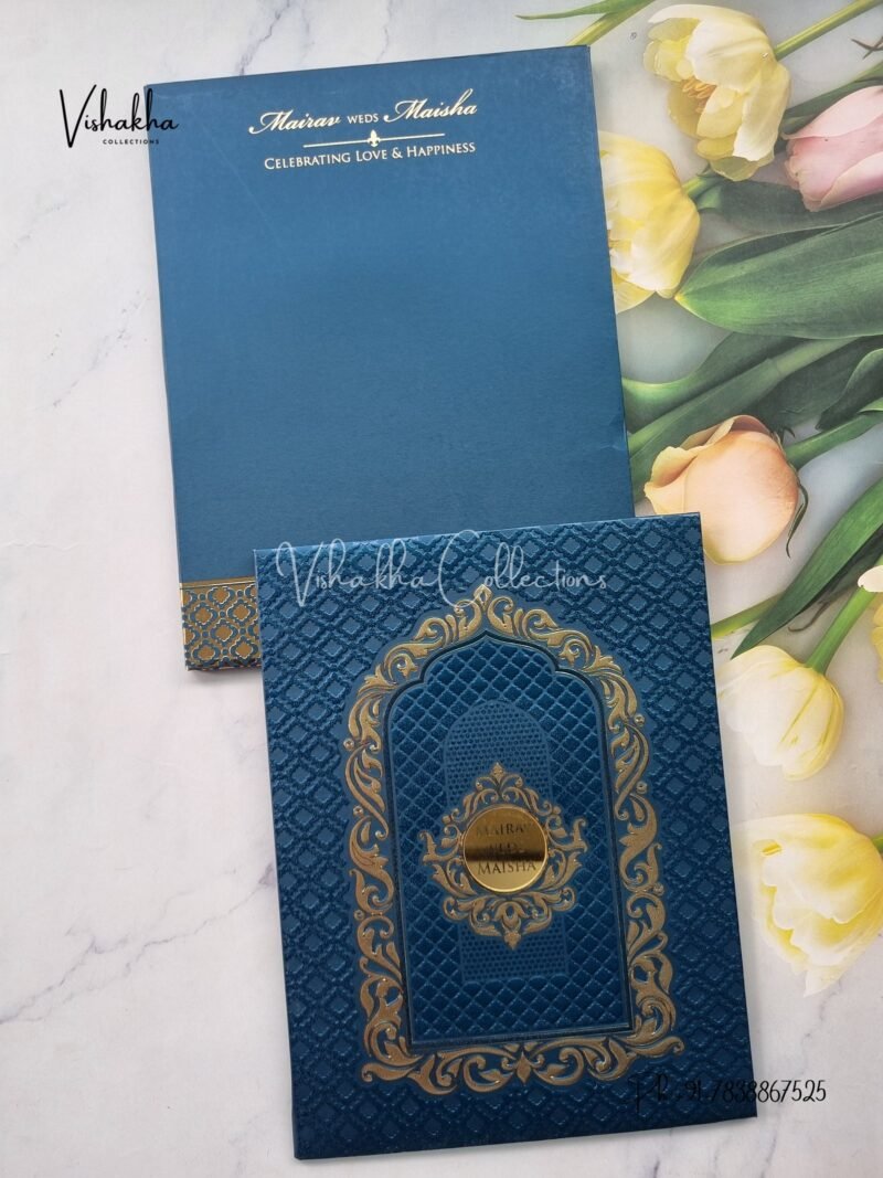 Semi Box Hindu Muslim Christian Sikh Padded royal blue Colored invitation Cards SK-3537