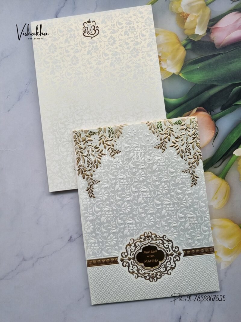 Semi Box Hindu Muslim Christian Sikh Padded white gold Colored invitation Cards SK-3505