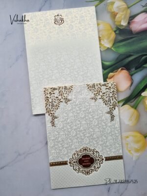 Semi Box Hindu Muslim Christian Sikh white and gold Colored invitation Cards SK-3496