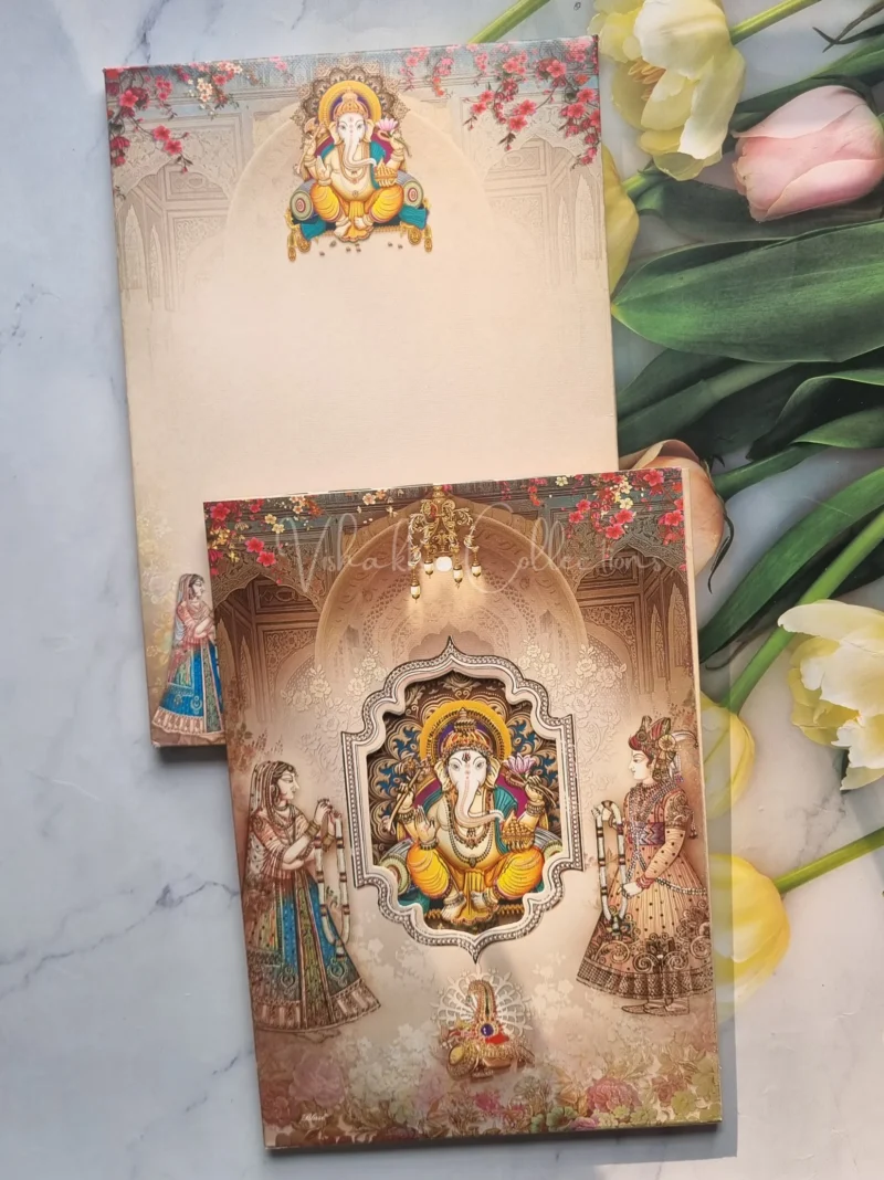 Unique Concept Semi Box Ganesh Ji Dulah Dulhan Hindu Pastel Brown Colored wedding invitation Cards GS-4811