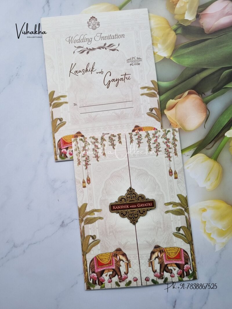 Hathi Double Door Hindu Sikh invitation Cards PN-1130