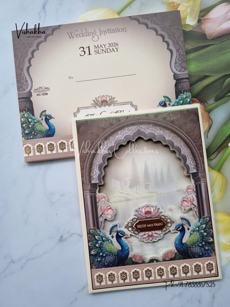 Lotus Peacock Hindu Muslim Christian Sikh Padded invitation Cards PN-1238